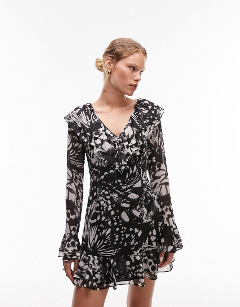 

Черное чайное платье мини с оборками и v-образным вырезом Topshop