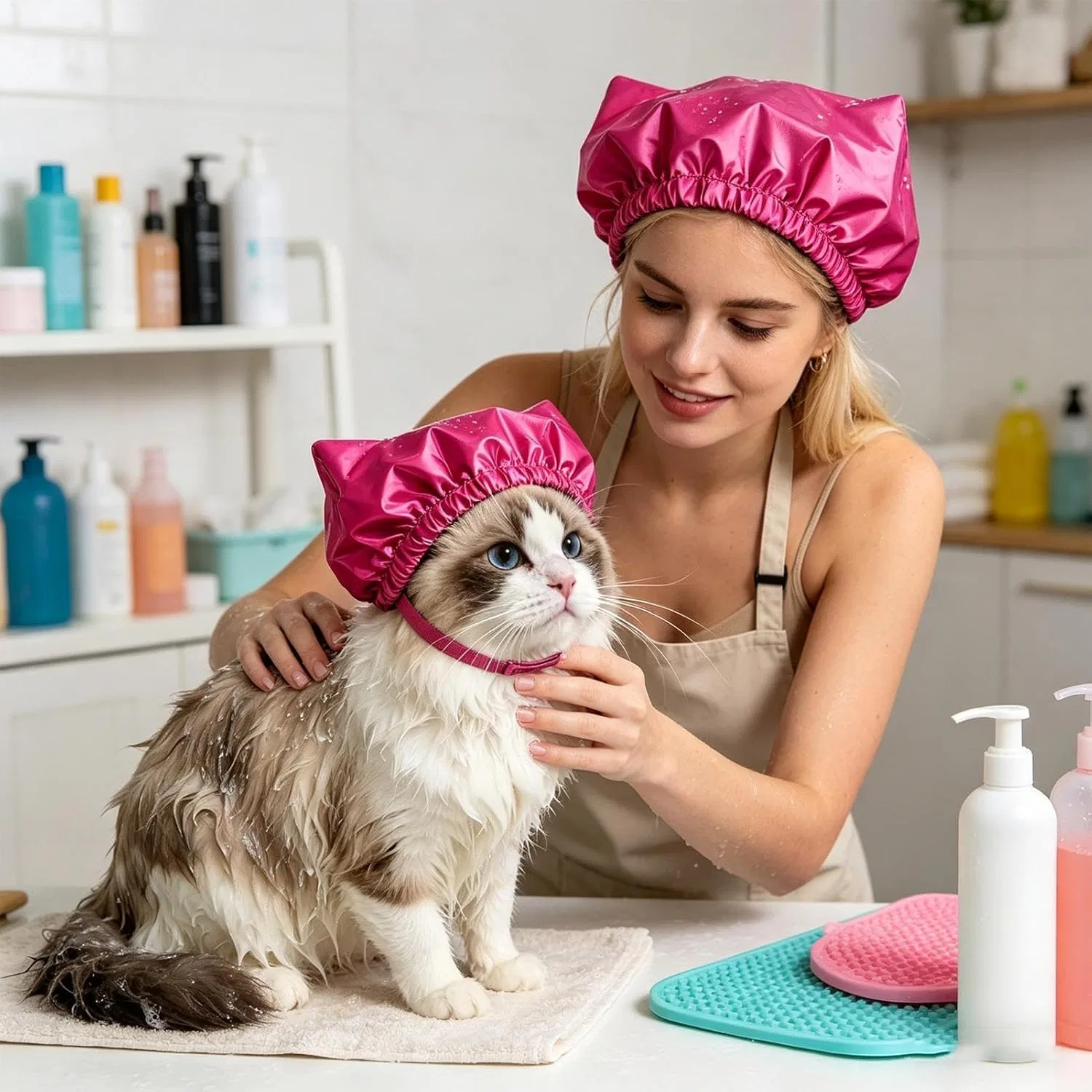 Водонепроницаемая шапочка для купания животных с ушками Generisch, Hot Pink — фото 4