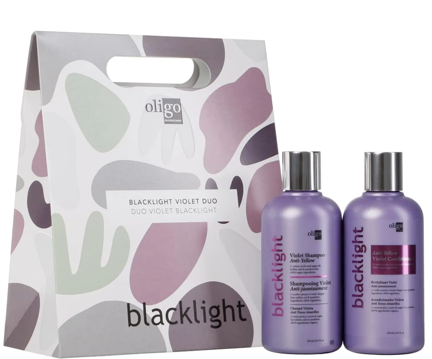 Oligo Professionnel шампунь и кондиционер Blacklight Purple, без сульфатов, нейтрализует желтизну, освежает мелирование, с аргановым маслом и 11 аминокислотами, увлажняющая формула, набор 2 х 250 мл