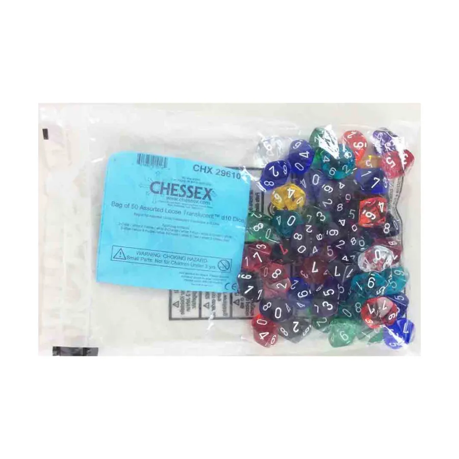 

Полупрозрачный многогранник d10 с кубиками 0-9 (50) Пересмотрено, Dice - Bags of Dice (Assorted Colors) (Chessex)