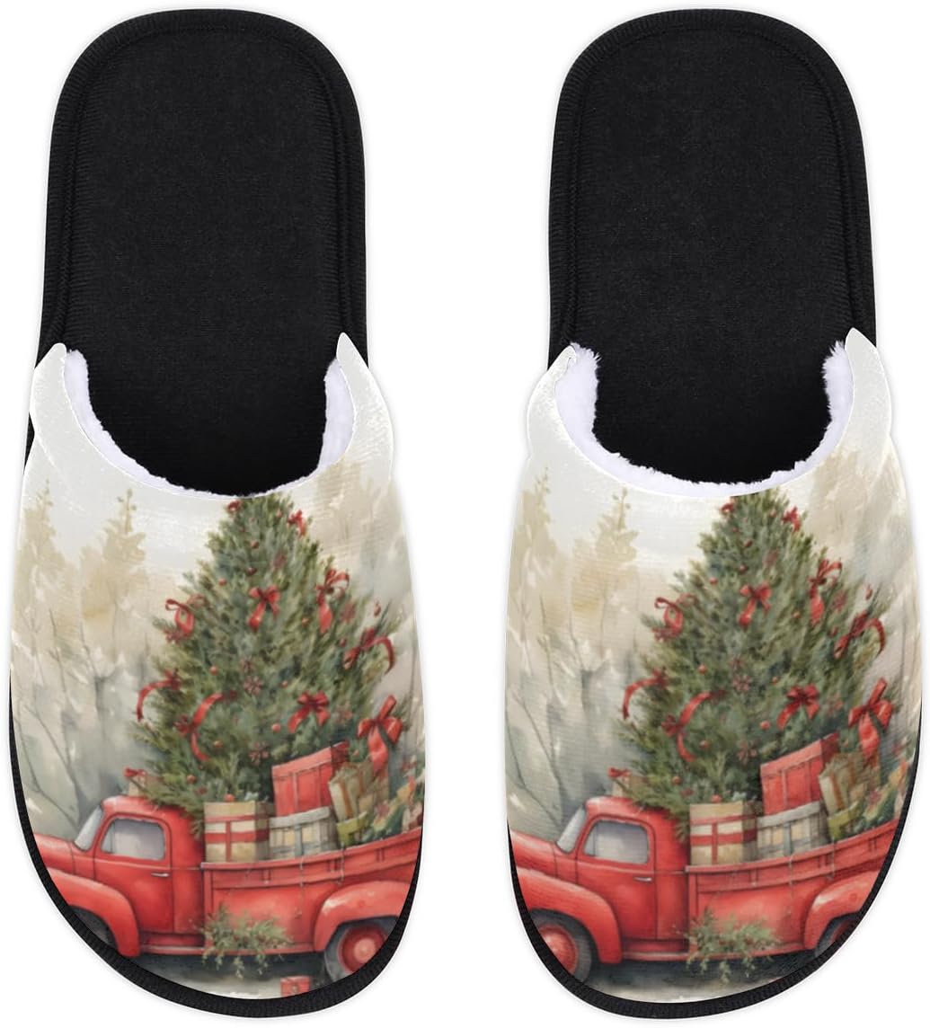 

Рождественские тапочки для женщин и мужчин, мягкие и пушистые домашние тапочки с изображением красного грузовика, теплые тапочки на низком ходу, уютные нескользящие домашние тапочки, размер X-Small Bardic