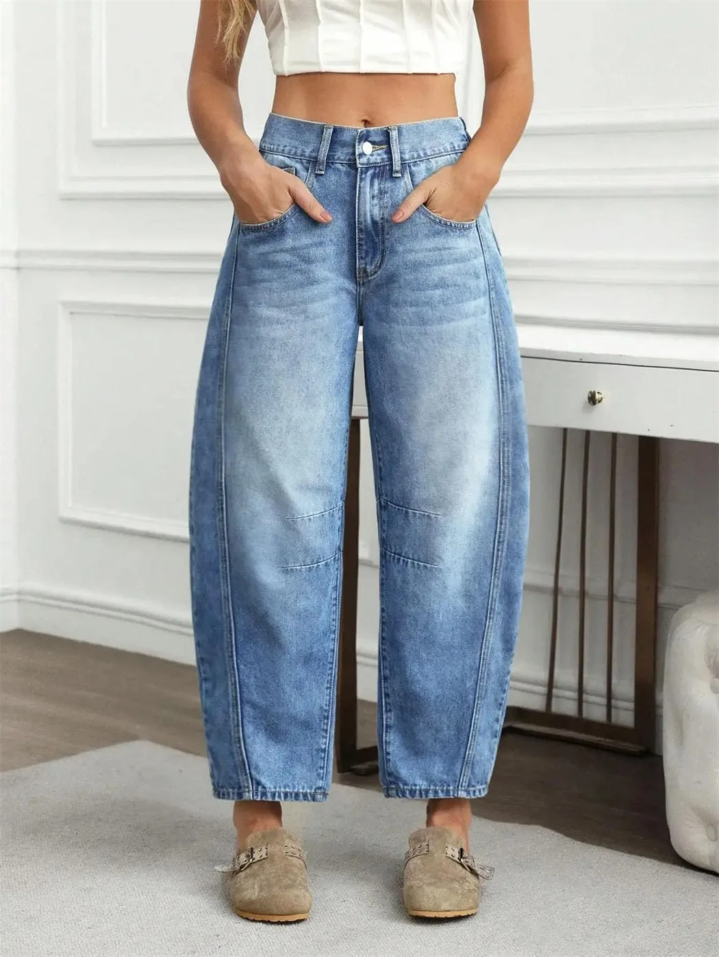 Женские джинсы с высокой талией и широкими штанинами Casual — фото 2