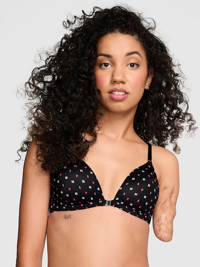 

Адаптивный бюстгальтер с беспроводной застежкой спереди Pink Wear Everywhere, smooth black scattered logo print