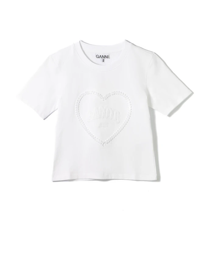 

Белая футболка с сердечком и вышитым логотипом. Ganni, белый