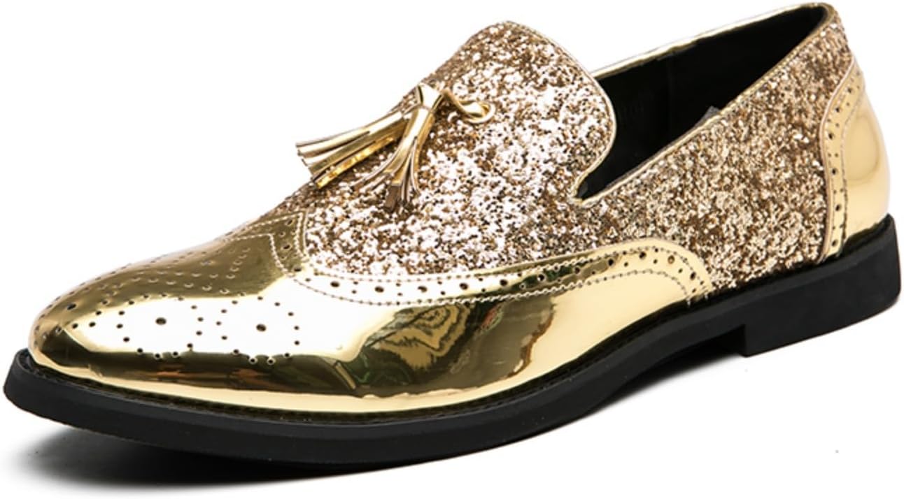 

Мужские блестящие лоферы с пайетками и кисточками, лакированная кожа, без шнуровки, броги с крыльями, классические туфли для костюма, комфортные, легкие, противоскользящие, для работы, свадеб, балов, деловых мероприятий и вечеринок Yrzhgdl, золо...