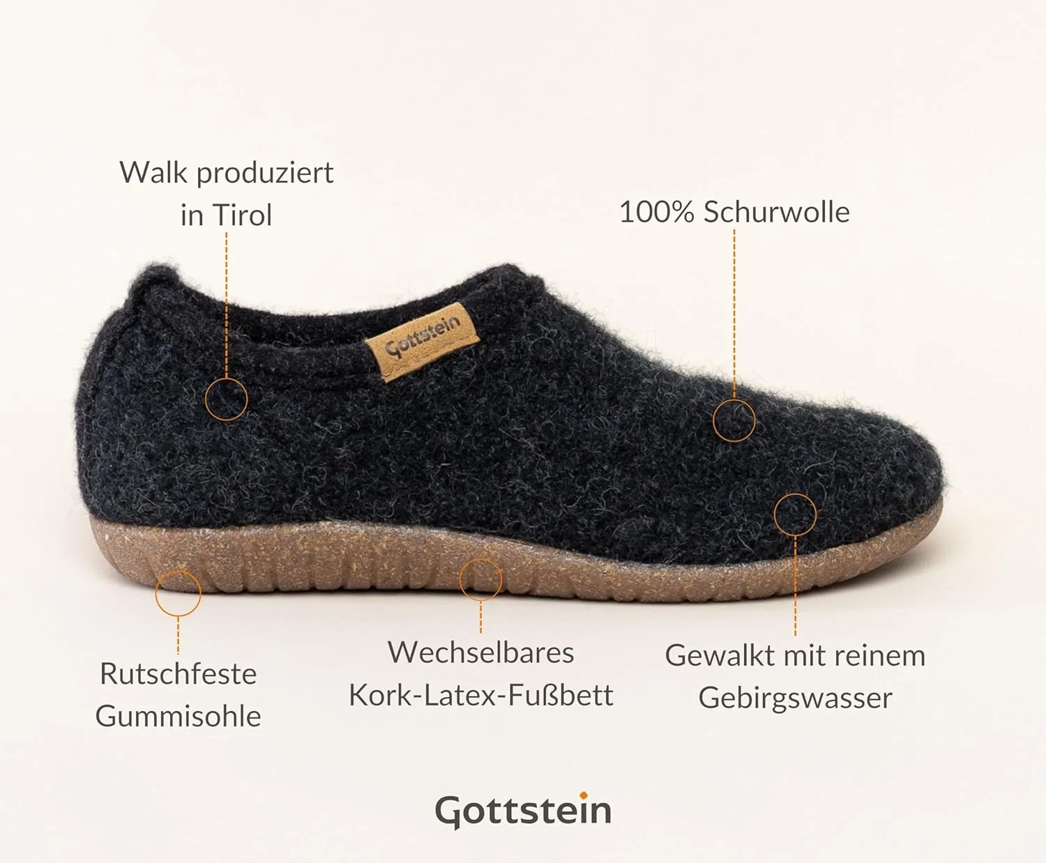 Войлочные тапочки Gottstein Alpine Midcut RU - закрытые и легкие, для женщин и мужчин, изготовлены из чистой натуральной шерсти с нескользящей пробковой резиновой подошвой, Black (Coal) — фото 3