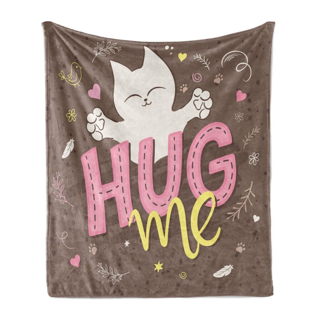

ABAKUHAUS Hug Мягкое фланелевое флисовое одеяло, Doodle Style Hug Me Lettering with Adorable Cute Cat, 175 x 230 см, Цвет какао, розовый