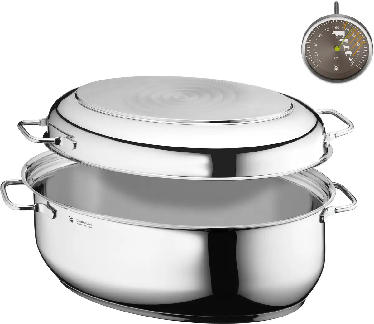 

Жаровня WMF, нержавеющая сталь Cromargan 18/10, (1 шт.), крышку можно использовать как индукционную кастрюлю, включая термометр для мяса 8,5 литров + высота 18 см., цвет edelstahlfarben