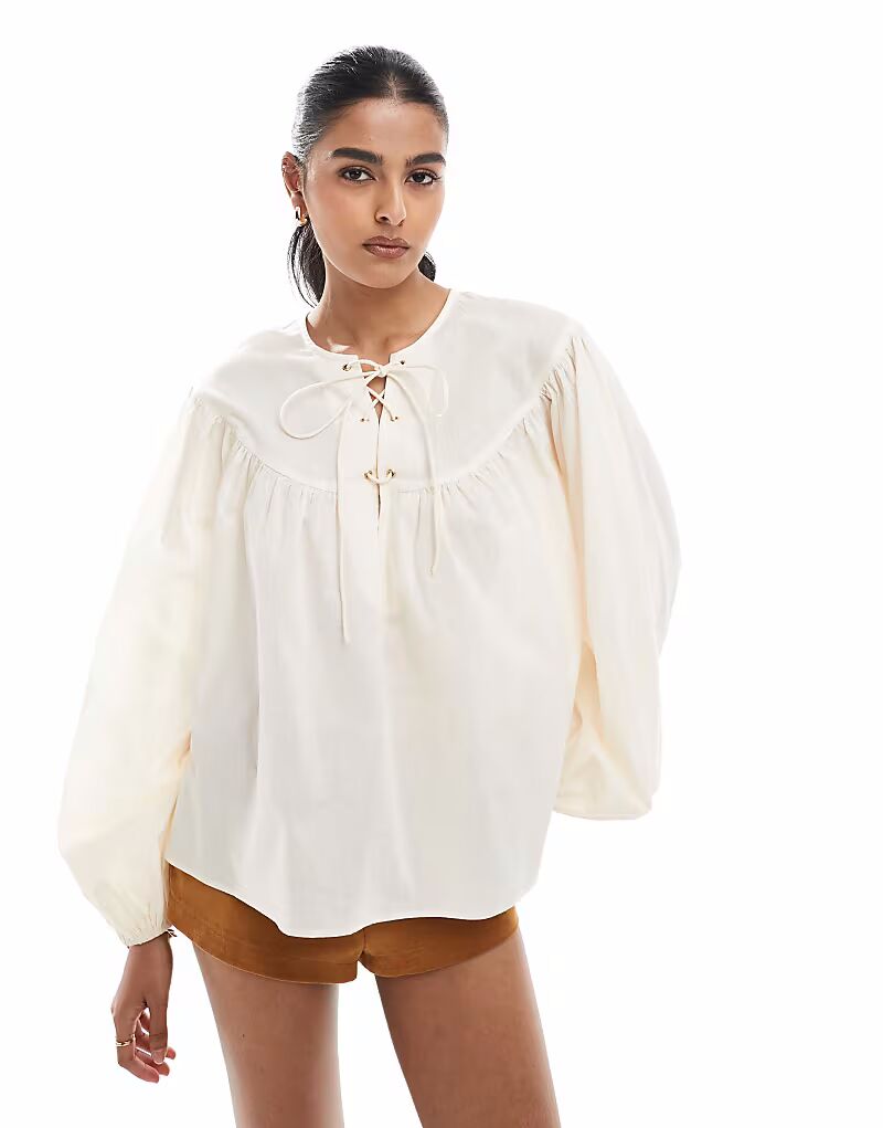 

Топ-блуза ASOS DESIGN со шнуровкой на шее в каменном цвете