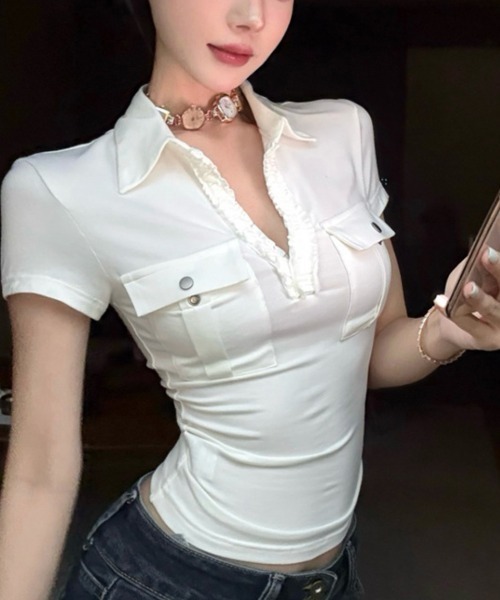 

Футболка-поло с коротким рукавом, оборкой на воротнике-стойке NANAHACHI, белый