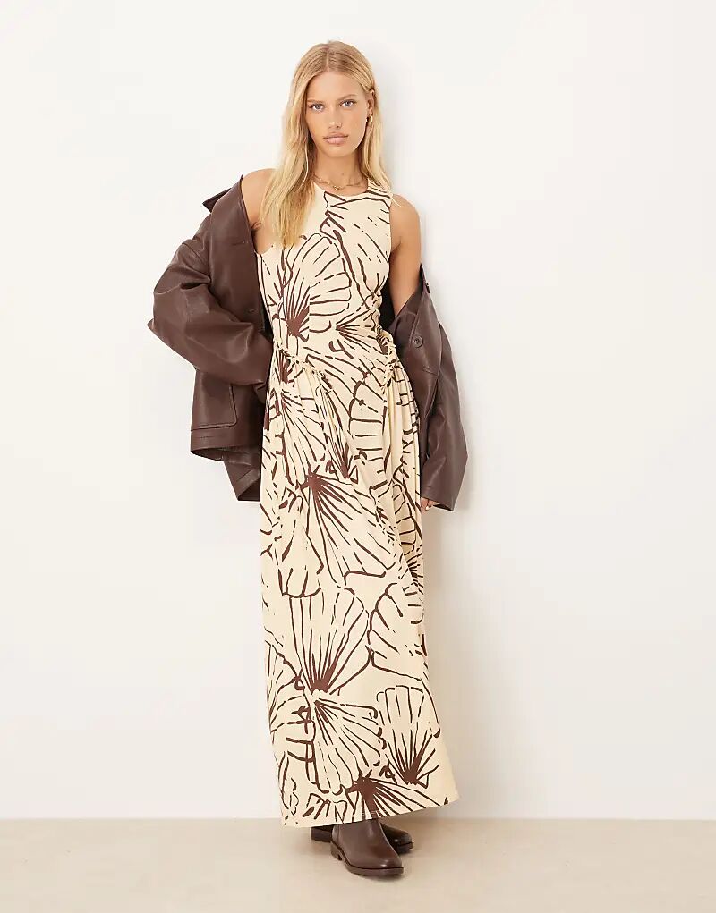 

Платье миди ASOS DESIGN без рукавов с оборкой на бедрах в цвете пахты и коричневого ракушечного узора