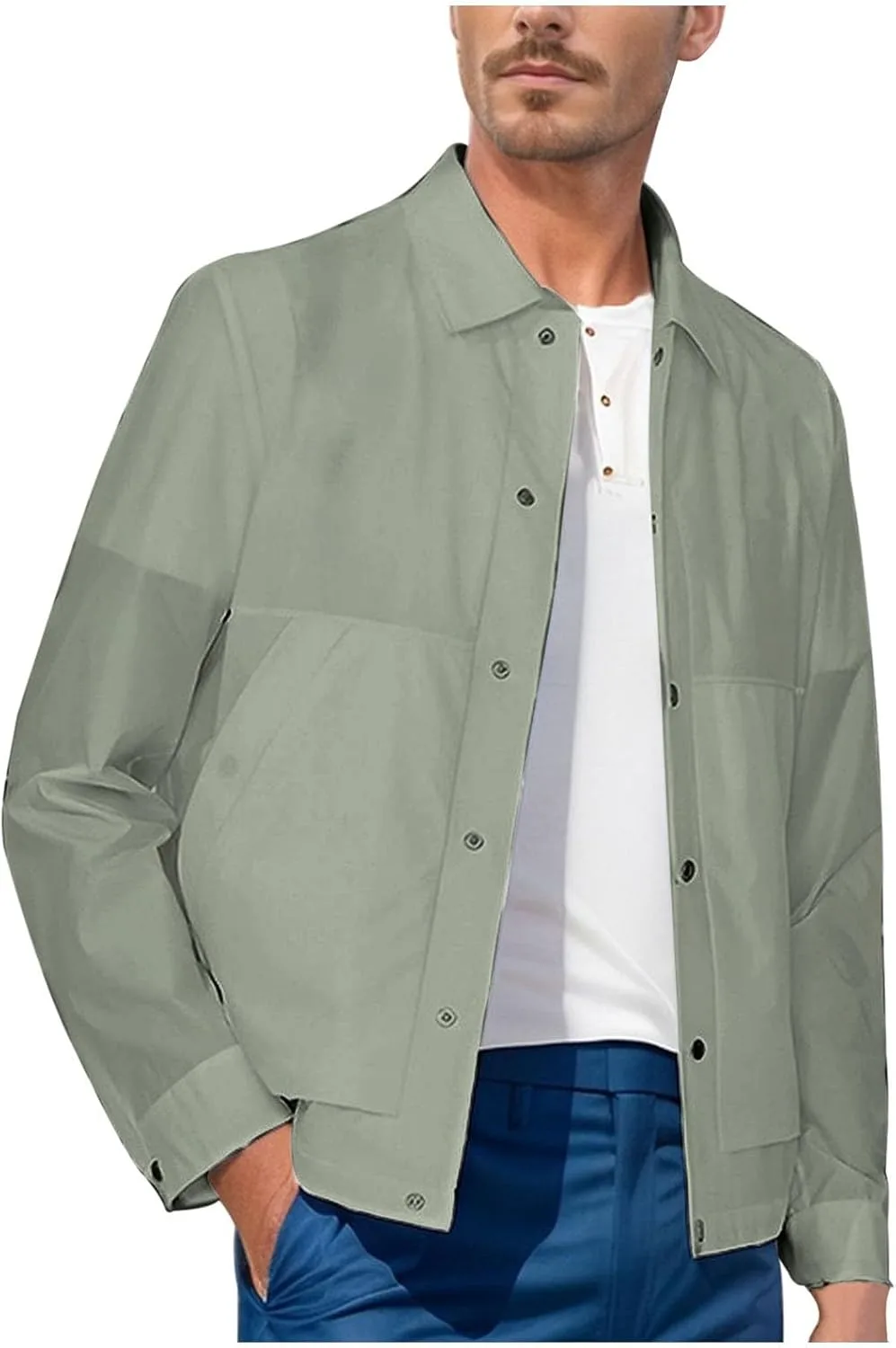 Мужские куртки на пуговицах, повседневные ветровки с длинным рукавом и цветными блоками, легкие рабочие рубашки с карманами Generic, зеленый