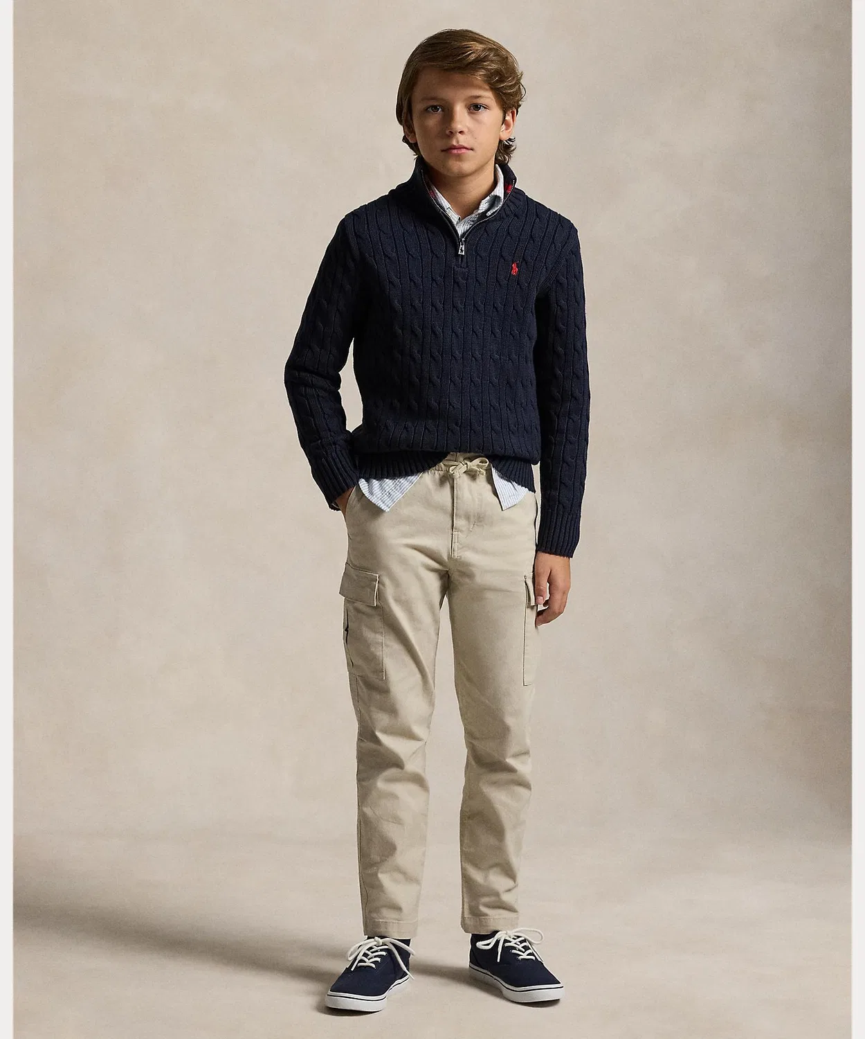Свитер с косами хлопковый Polo Ralph Lauren с четверть-застежкой, темно-синий — фото 2
