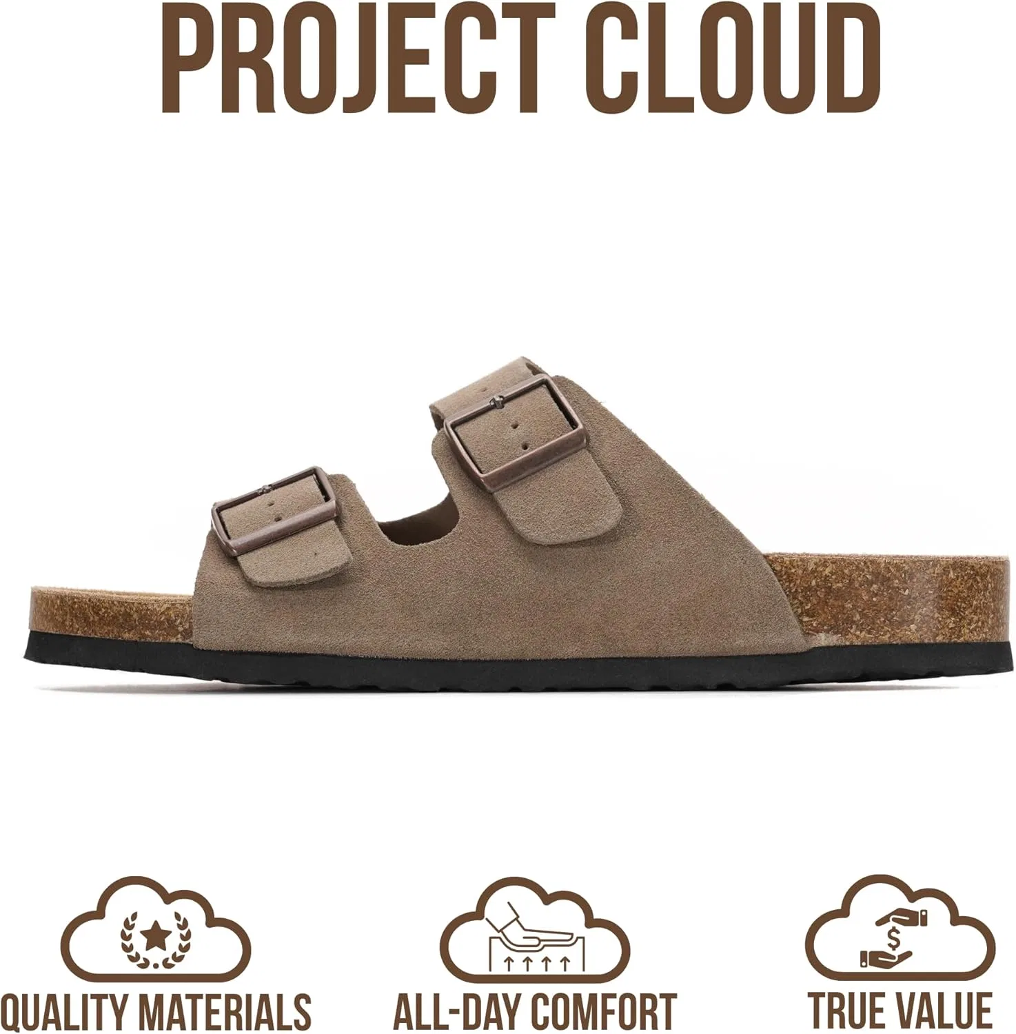 Мужские сандалии Project Cloud из натуральной кожи с эффектом памяти, стелькой из натуральной пробки, нескользящей двойной застежкой-пряжкой, летние сандалии (Аризона), Taupe Suede — фото 3