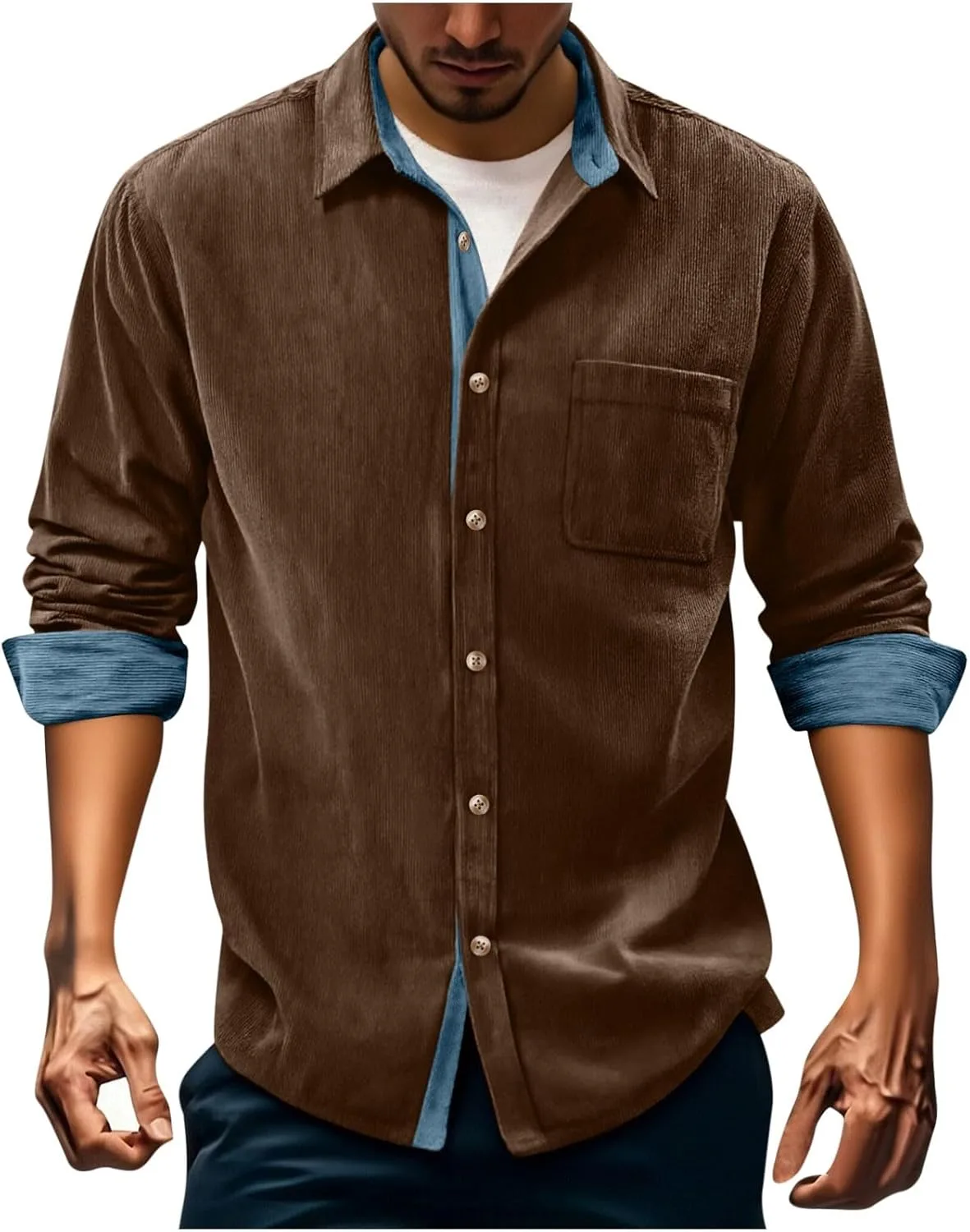 

Мужская вельветовая рубашка-джемпер с длинным рукавом и карманом