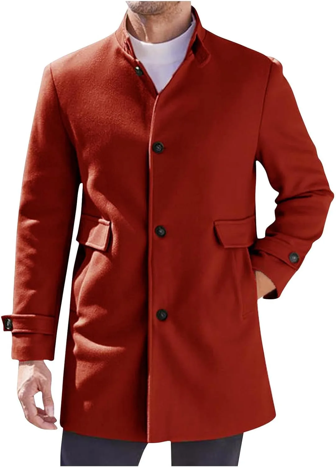 Мужское тренч пальто Single Breasted однотонное пальто Pea Coat со стоячим воротником Mid Long Overcoat ветровка утепленное пальто с карманами Generic, красный