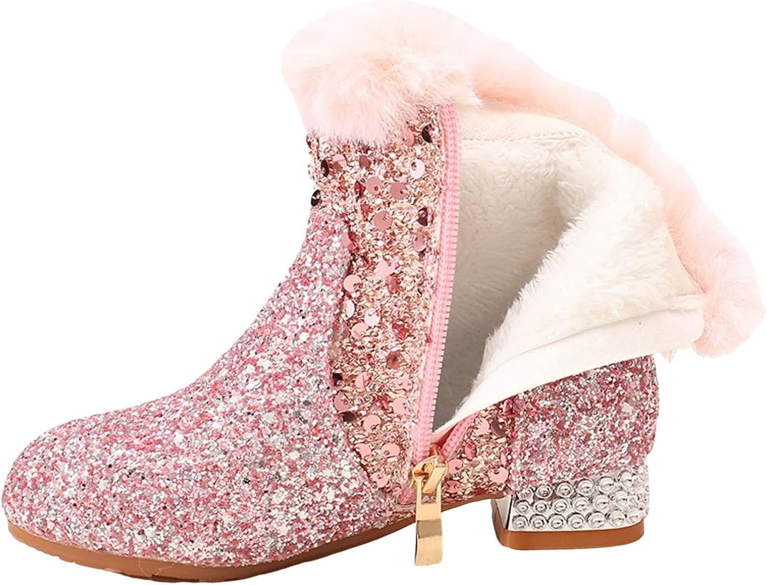 

Детские блестящие ботильоны на низком каблуке, сапожки для девочек с кристаллами, ковбойские с флисовой подкладкой и боковой молнией, праздничные ботильоны с противоскользящей подошвой Generic, Pink