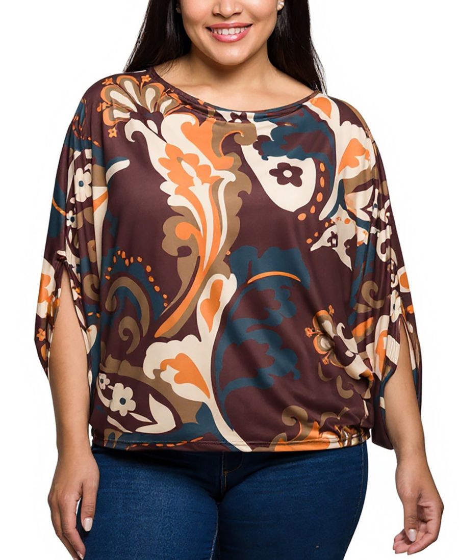 

Топ большого размера коричневого цвета с узором пейсли и рукавами летучая мышь 24seven Comfort Apparel, Brown Multi