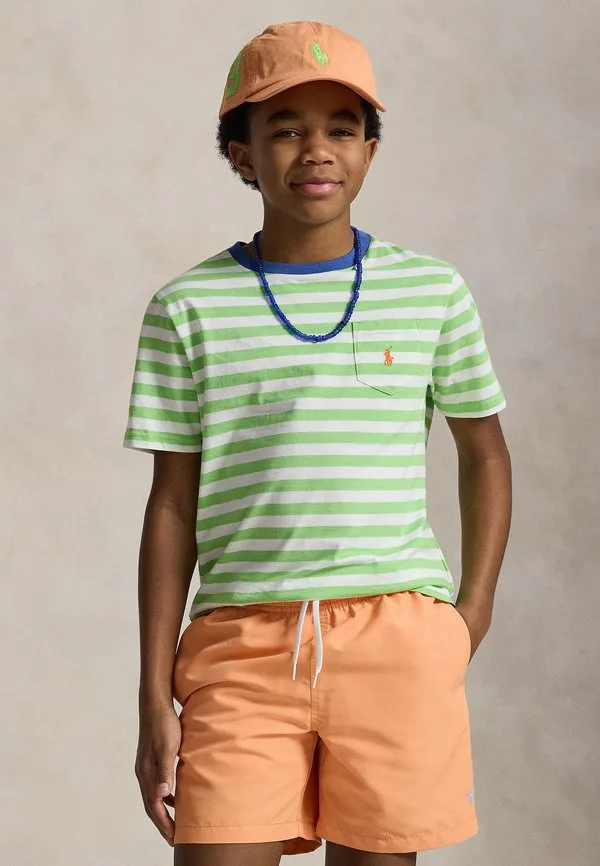 Футболка из полосатого хлопкового трикотажа с карманом и принтом Polo Ralph Lauren, Lime/White