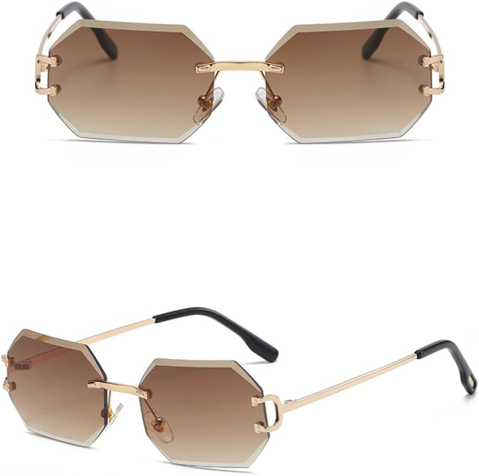 

модные женские солнцезащитные очки без оправы восьмиугольные с защитой от УФ-излучения UV400 без оправы золотистые металлические прямоугольные очки для мужчин generic, Gold With Brown