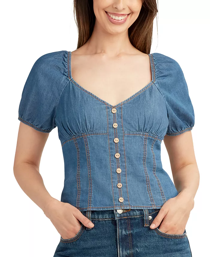 

Женский джинсовый топ с пышными рукавами и вырезом Sweetheart-Neck BCX, синий