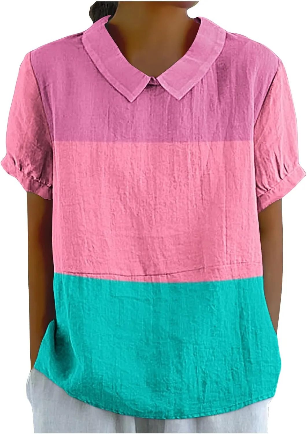 Женская футболка Plus Size лето 2024 Casual короткий рукав Loose Linen Color Block
