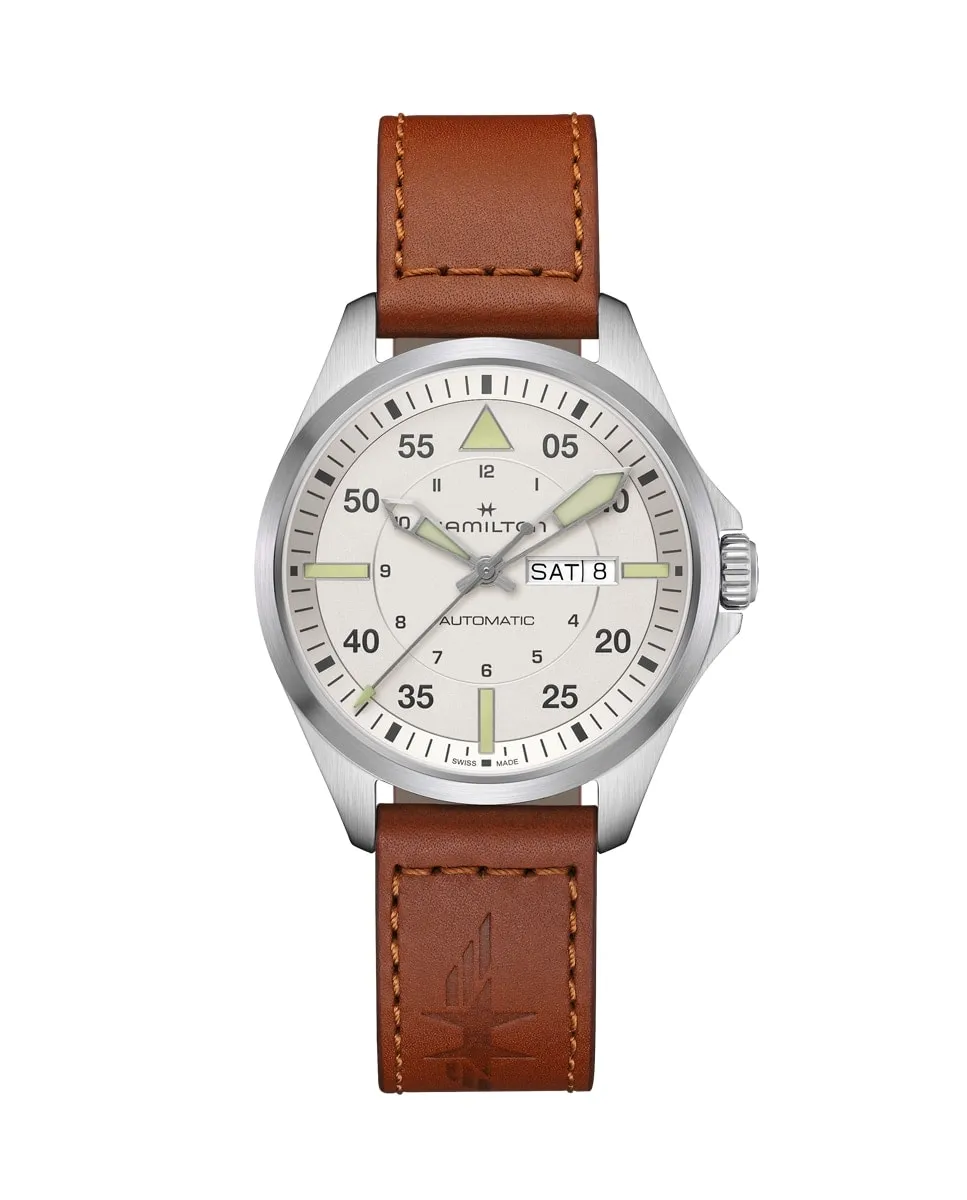 

Мужские часы Khaki Aviation Pilot Day Date 42 мм с автоматическим механизмом H64635550 с календарем и кожаным ремешком Hamilton, коричневый
