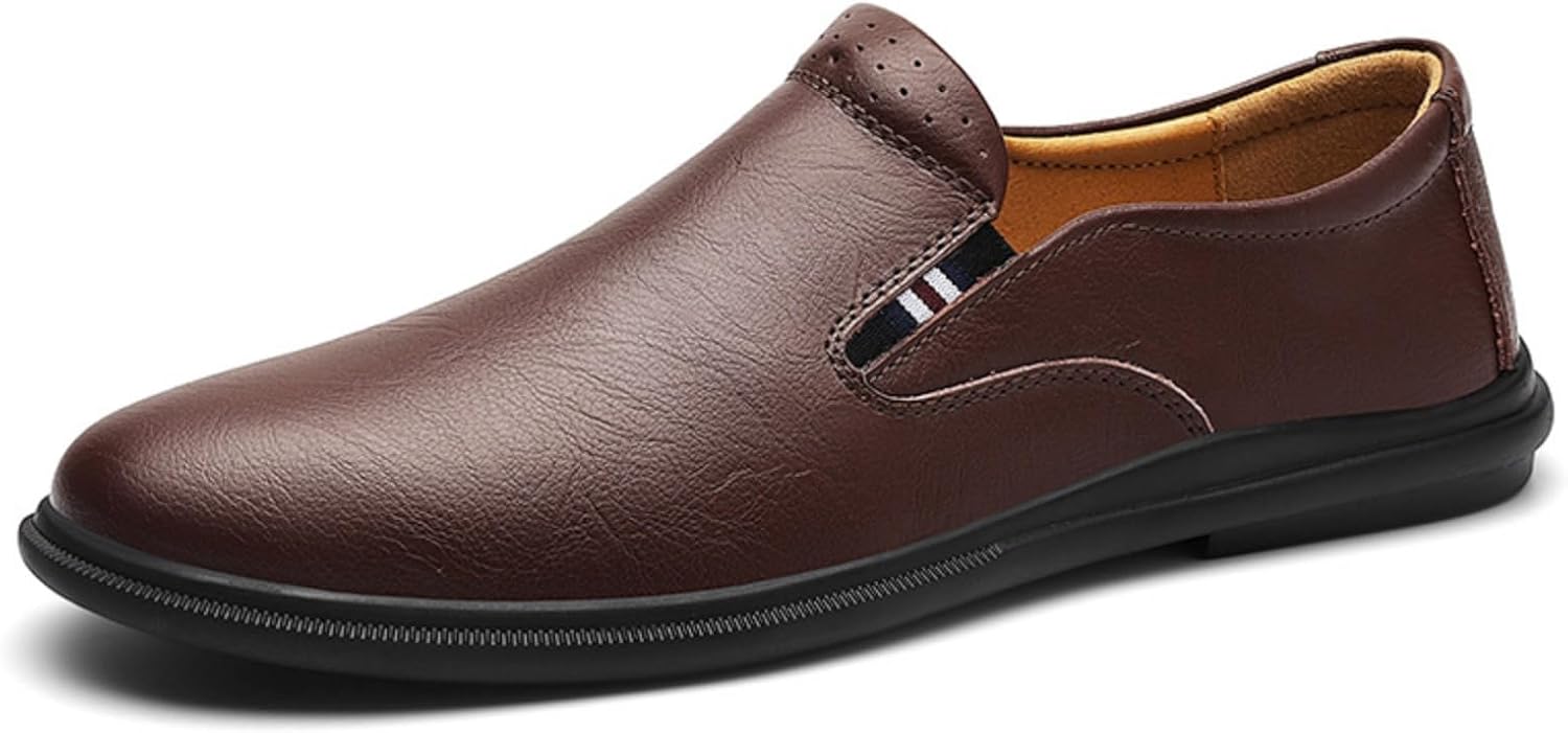 

Мужские кожаные лоферы без шнурков - дышащий перфорированный дизайн с цветными полосками, легкая и удобная резиновая подошва для повседневной, деловой и нарядной одежды (черный/коричневый) Kelibasi