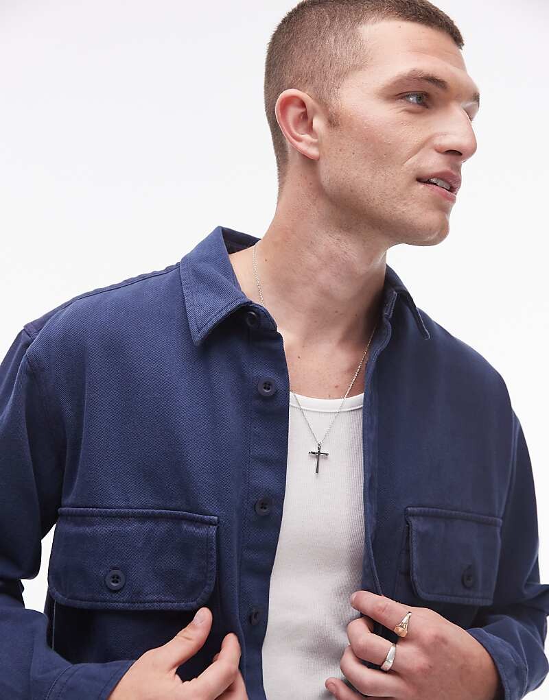 

Topman – синяя рубашка оверсайз из твила с длинными рукавами и двумя карманами