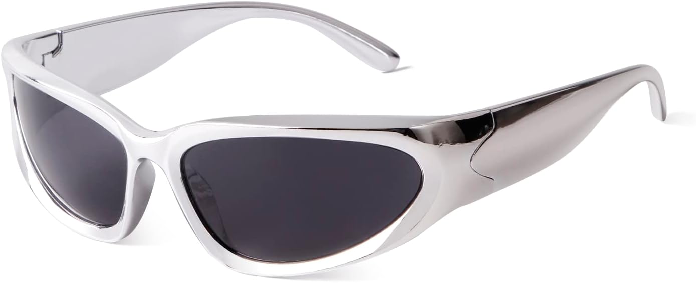 

ADE WU Модные солнцезащитные очки с обтекаемой формой для женщин и мужчин, стильные, в духе 2000-х, овальные, футуристические, для рейв-вечеринок, Metallic Silver/Grey