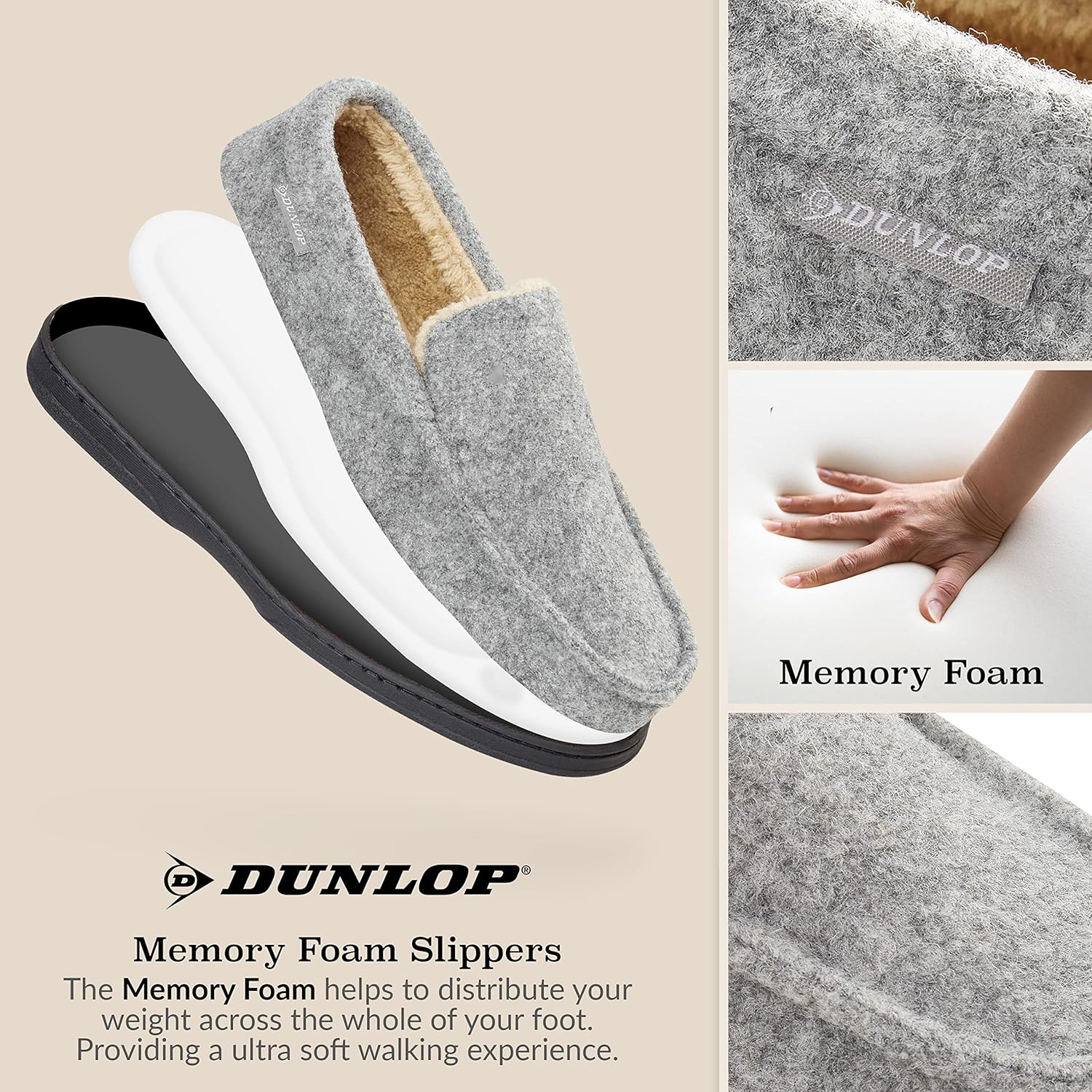 DUNLOP Мокасины-тапочки для мужчин, лоферы, тапочки из искусственного меха, резиновая подошва, домашние тапочки из пены с эффектом памяти, обувь для дома, подарок для мужчин, серый — фото 3