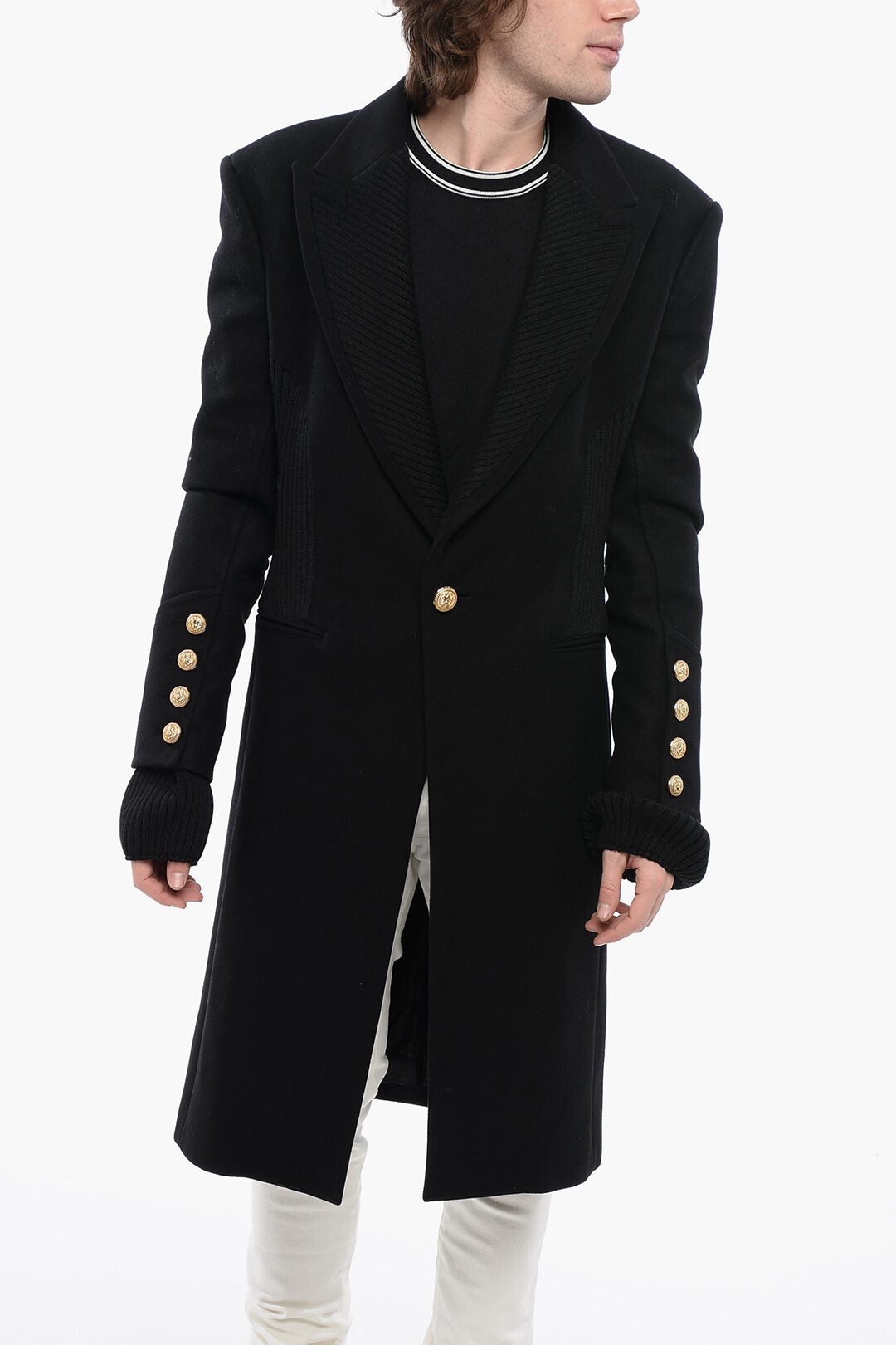 

Пальто Balmain из смеси натуральной шерсти с ребристыми вязаными деталями, черный