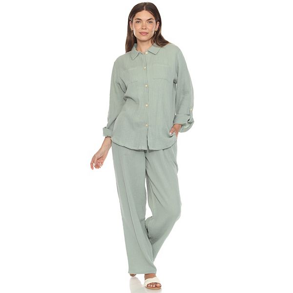 

Женский комплект из хлопкового муслина с длинным рукавом на пуговицах Wm Fashion, Olive