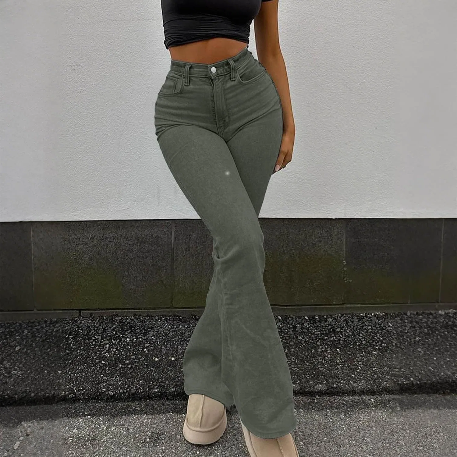 Джинсы клеш, Women's Y2k Denim Pants, армейский зеленый-01 — фото 4