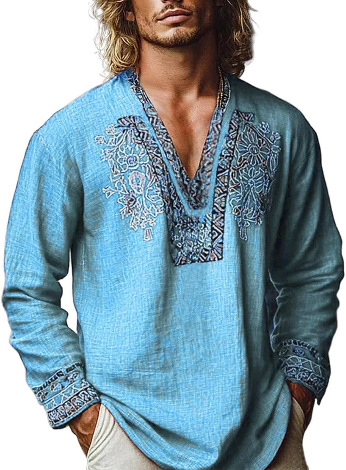 

Xiaojmake мужская рубашка henley с длинным рукавом, африканский принт, вышивка, хлопок-лен, пляжная