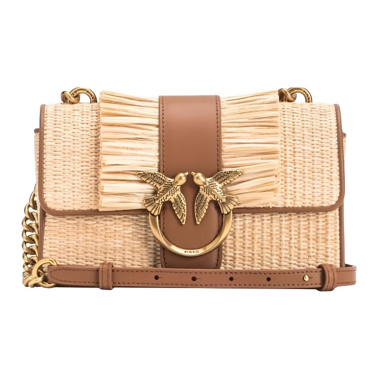 

PINKO Миниатюрная женская коричневая сумка через плечо из рафии с кожаными деталями