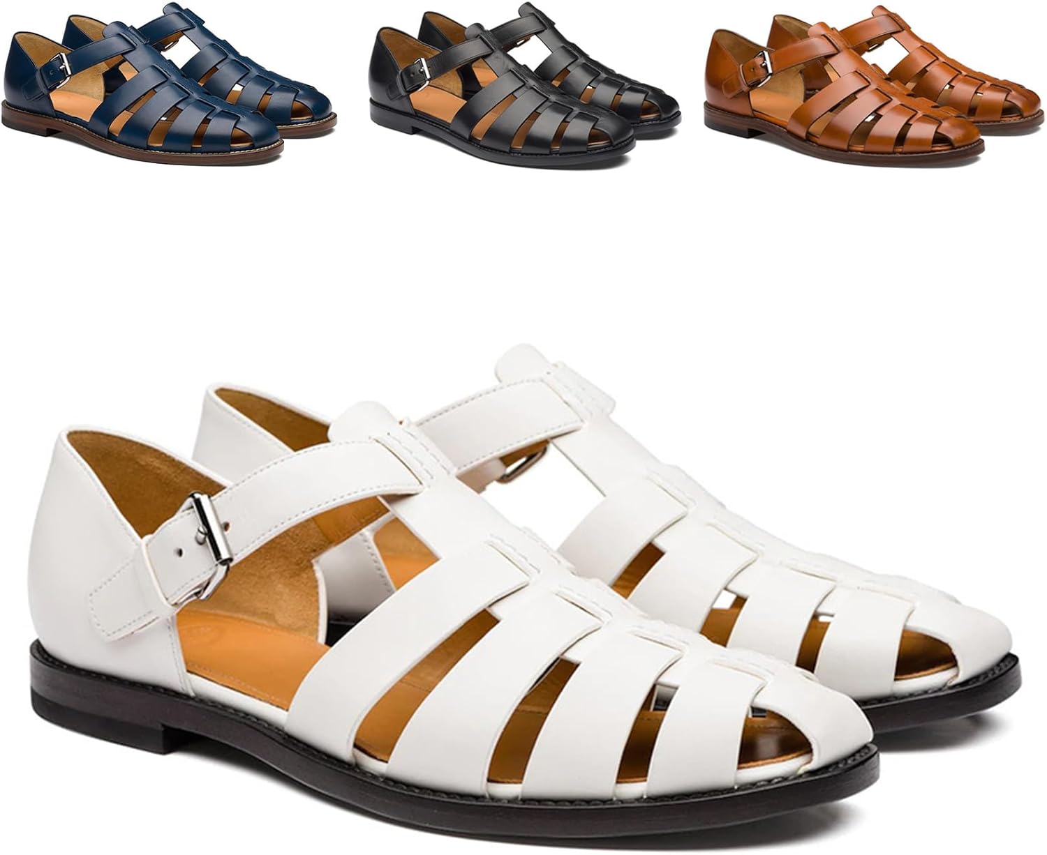 

Мужские кожаные римские сандалии-фишеры с застежкой-пряжкой, закрытый носок, летние пляжные, противоскользящие, удобные повседневные сандалии для ходьбы Crepuscute, белый