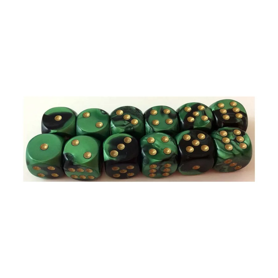 

d6 16 мм, черный и зеленый с золотом (12), Dice - Gemini - d6 16mm (Chessex)