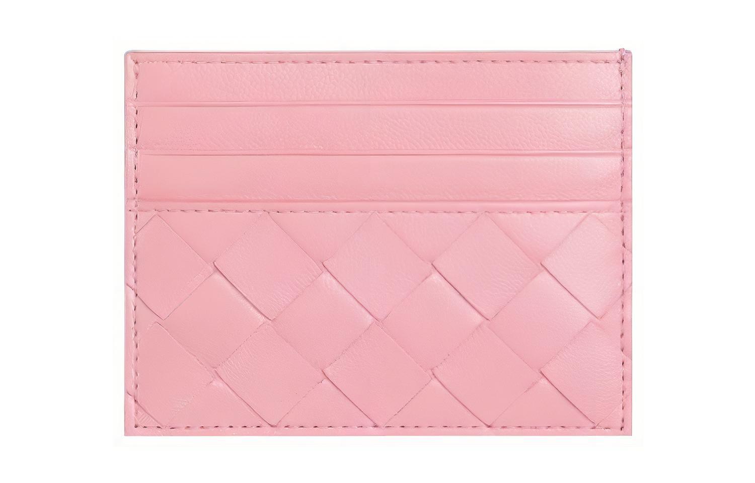 

Bottega Veneta Плетёный картхолдер из овечьей кожи с аппликацией из коровьей кожи для женщин с розовой лентой