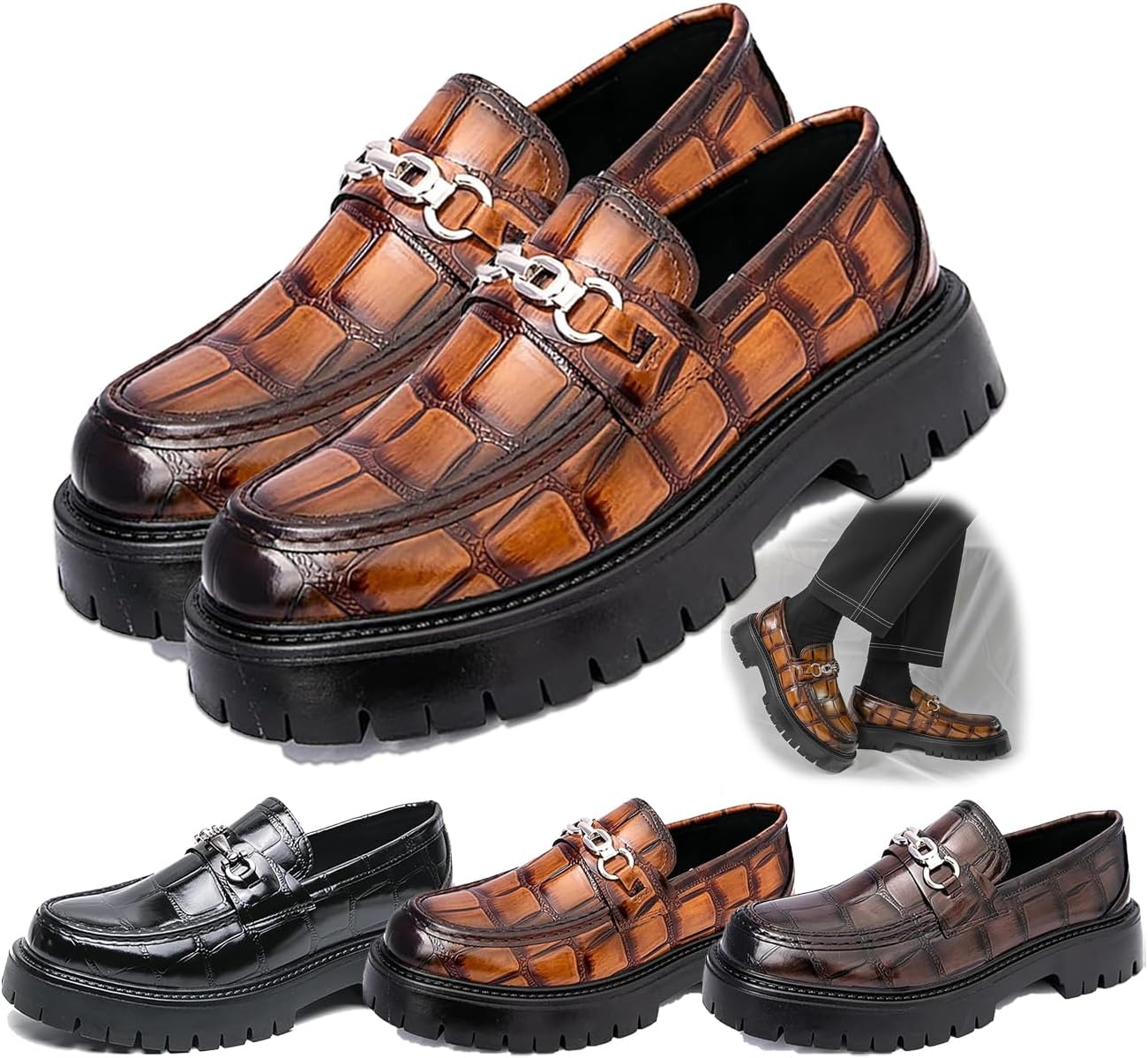 

Мужские кожаные слипоны с принтом на платформе, пенни-лоферы с круглым носком и металлическим декором, противоскользящие, стильные текстурированные туфли для вечеринок и свадеб Generic, желтый