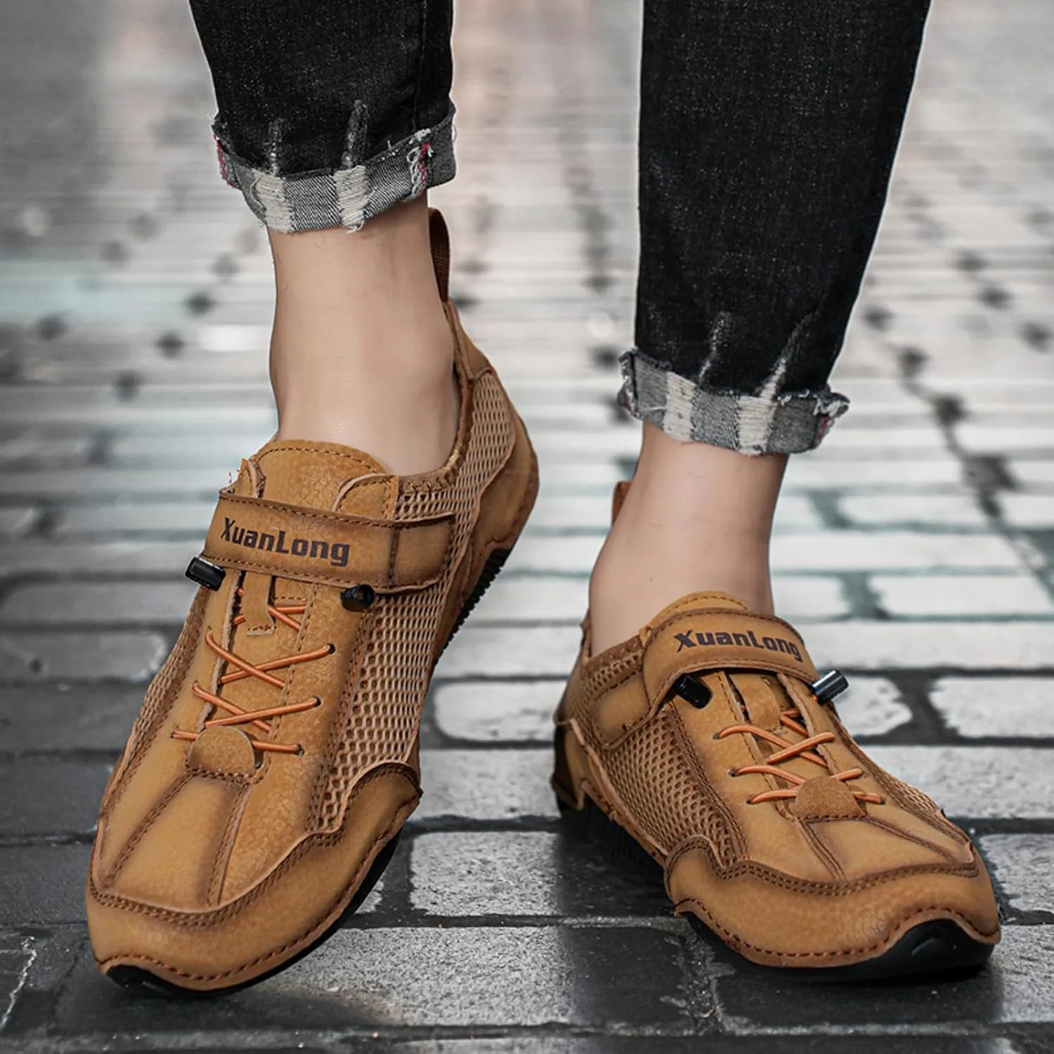 

Мужские итальянские ручной работы дышащие кроссовки из сетки, кожаные с застежкой-липучкой, без шнурков, противоскользящие, быстро сохнущие аква-туфли для комфорта, повседневного ношения, легкого вождения и активного отдыха на улице AIVYFAJA, че...