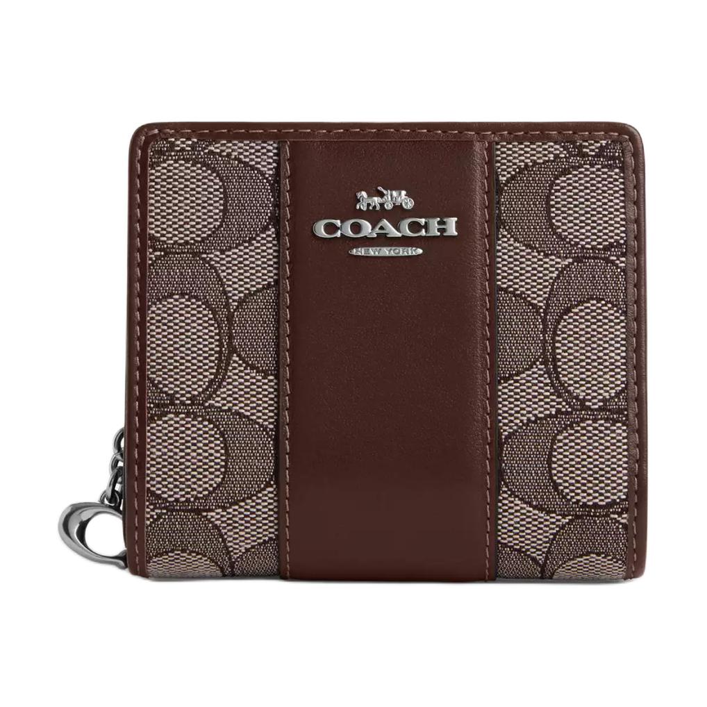 

Кошелек Snap Wallet Iconic Jacquard с изысканной телячьей кожей мини женский серебристый, дуб и клен COACH
