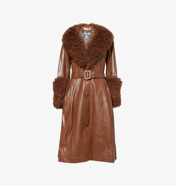 

Длинное кожаное пальто с отделкой из овчины Foxy Saks Potts, цвет walnut