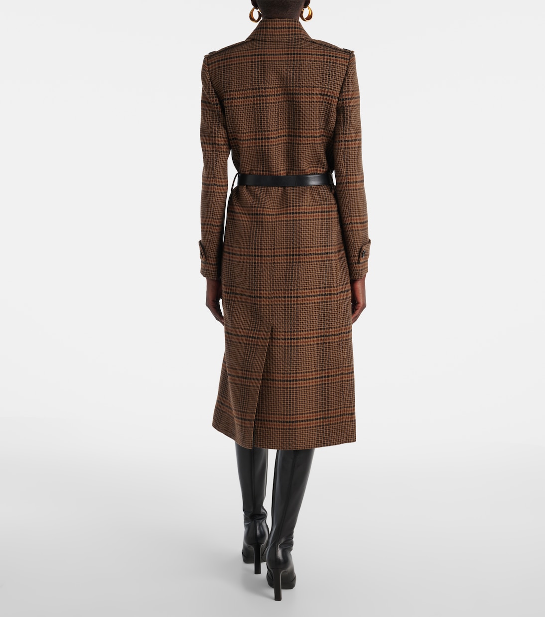 Шерстяное пальто в стиле принц Уэльский с поясом Saint Laurent, Marron Beige Roux — фото 3