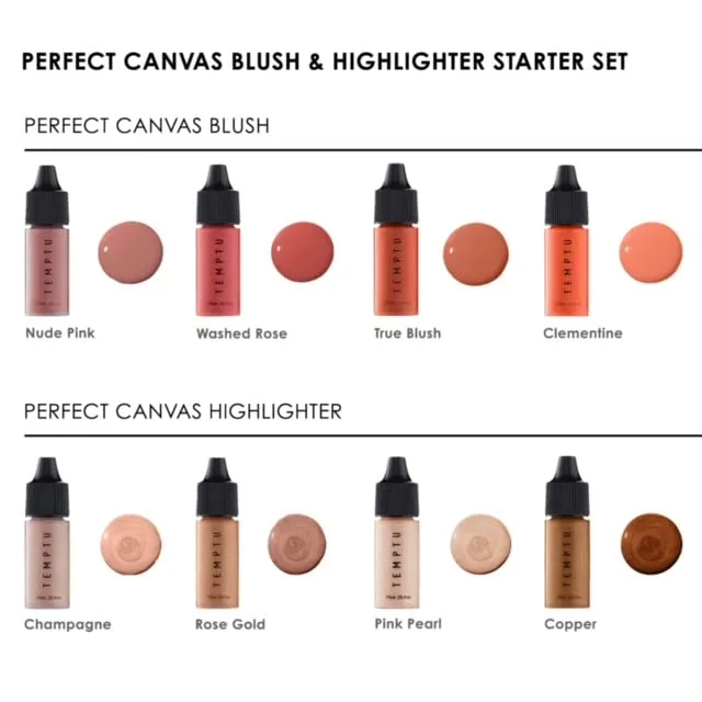 Стартовый набор TEMPTU Perfect Canvas Airbrush Blush & Highlighter: стойкий макияж, формула с возможностью наслаивания для всех типов кожи | Включает 4 румяна и 4 хайлайтера, Multi — фото 2