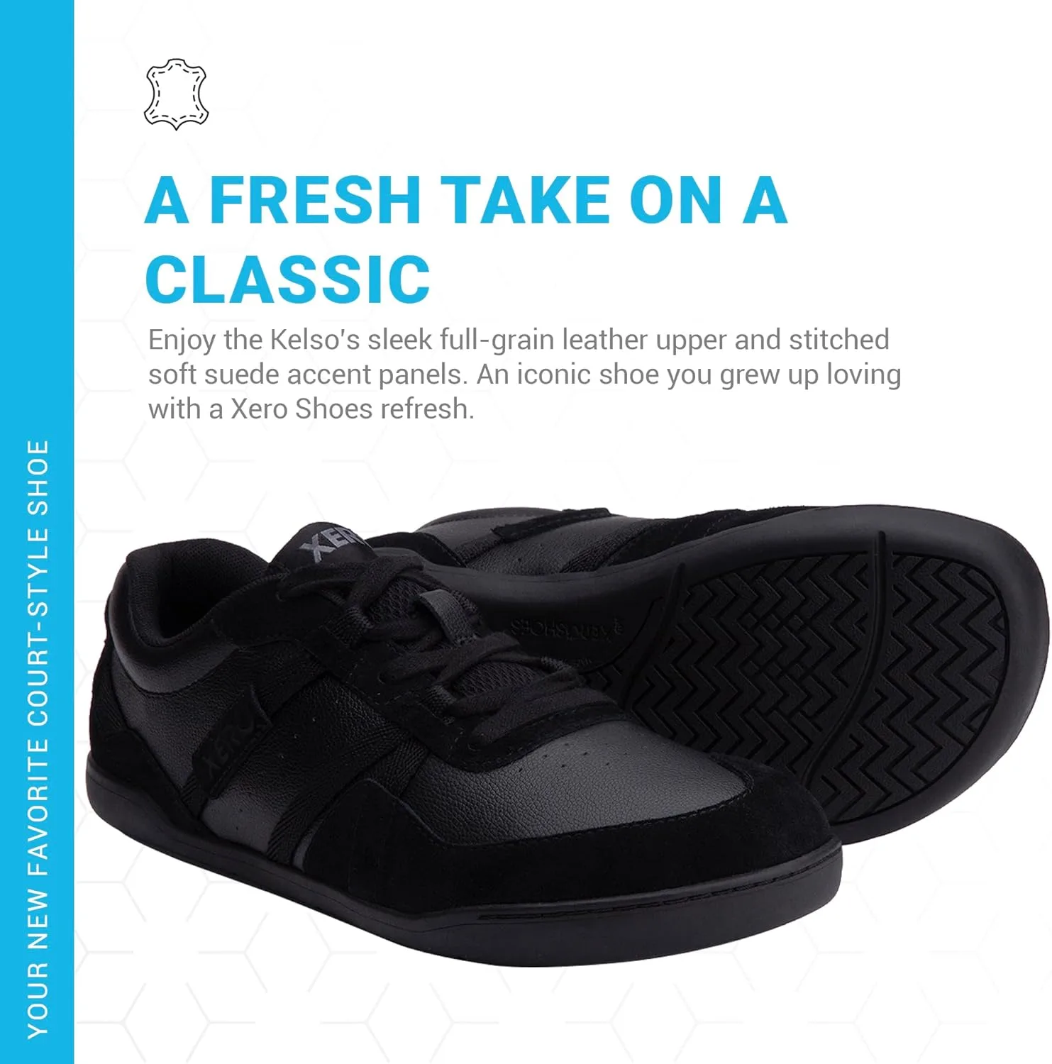 Классические мужские кожаные кроссовки Xero Shoes Kelso с удобной амортизацией FeelTrue, сетчатой вставкой, минималистичным дизайном, идеально подходят для тенниса и отдыха на теннисном корте, черный — фото 2