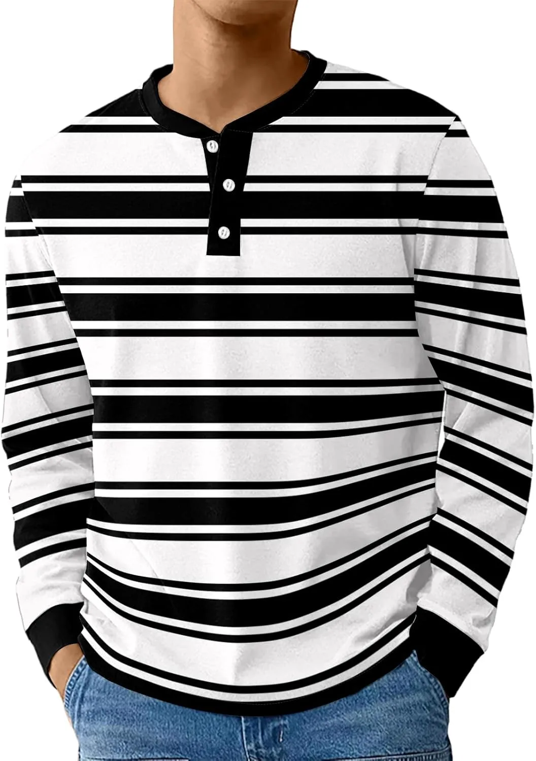 

Мужская футболка с длинным рукавом Casual Henley Button Top, легкая, свободного кроя, в горизонтальную полоску FQZWONG