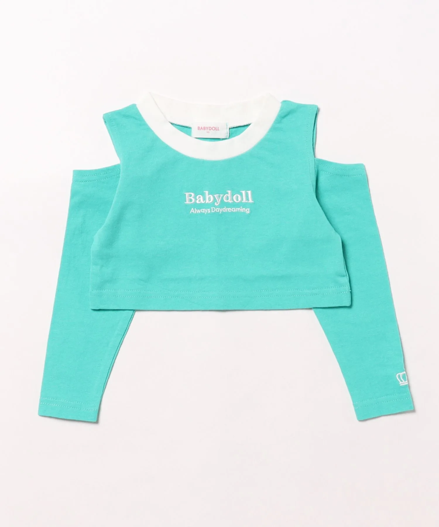 Детская футболка с открытыми плечами BABYDOLL короткая светло-зелёного цвета