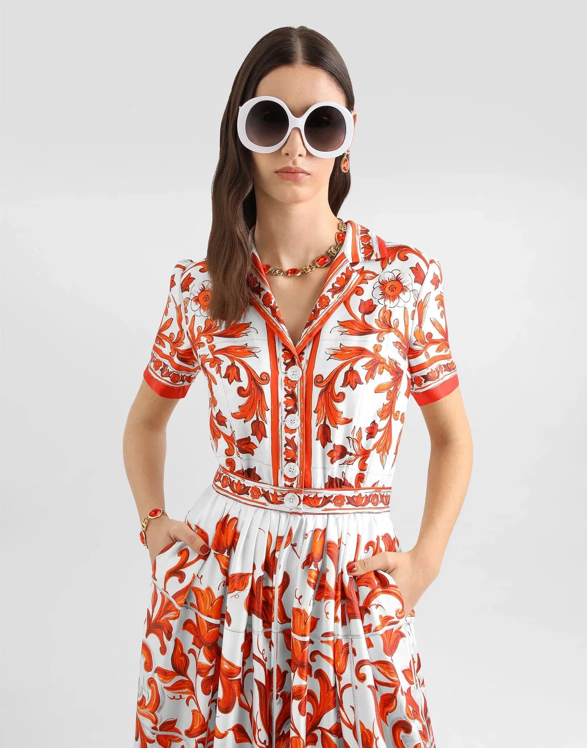 Платье из твила с принтом «Майолика» DOLCE & GABBANA, бежевый — фото 4