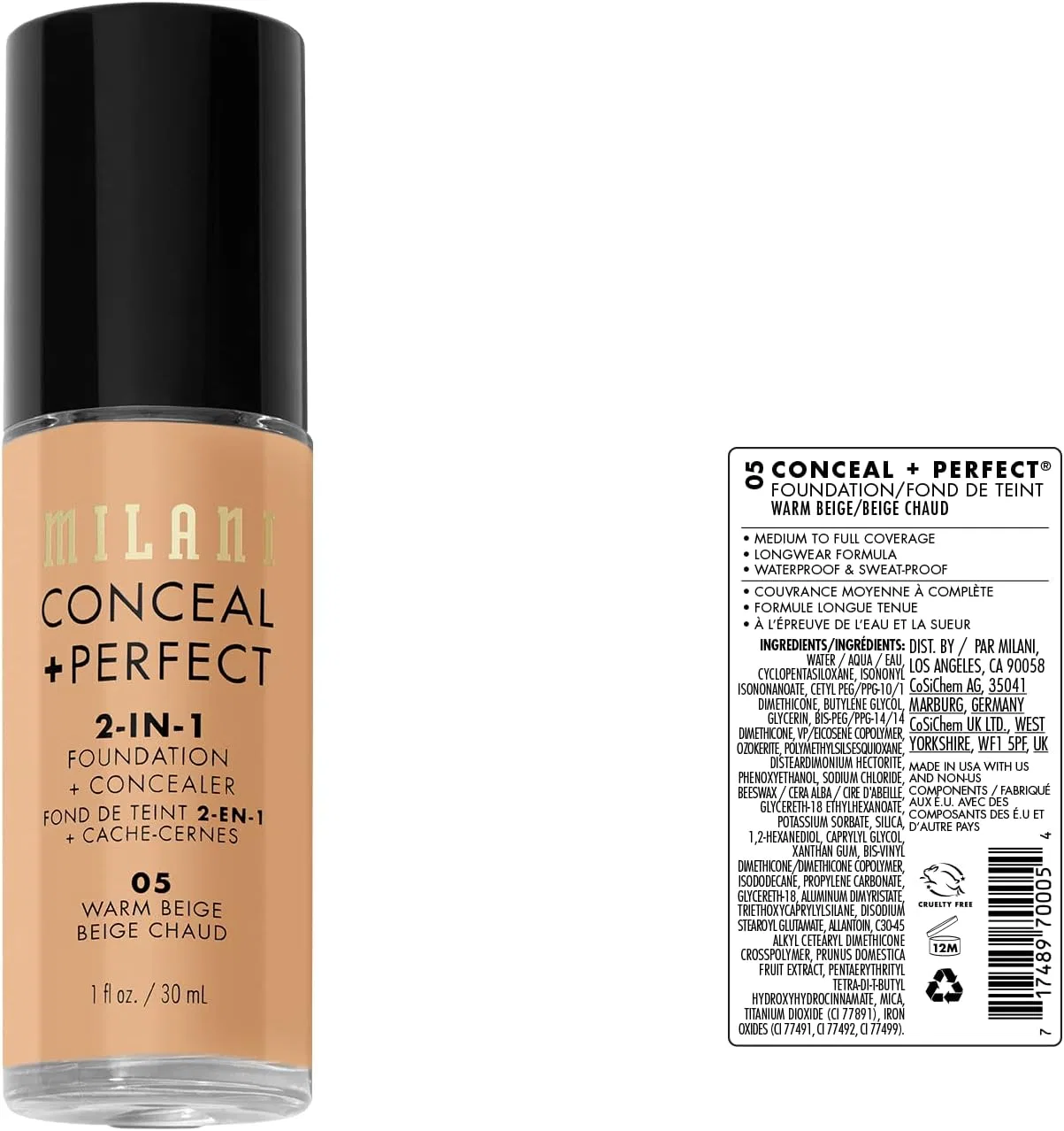 Тональная основа Milani Conceal + Perfect 2-in-1 Foundation + Concealer Warm Beige 30 мл — фото 2